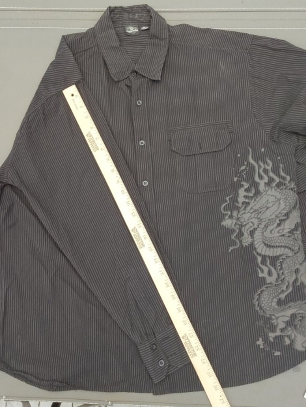 Burnside Black/Gray Pinstripe Button-Down Shirt with Gray Dragon Print